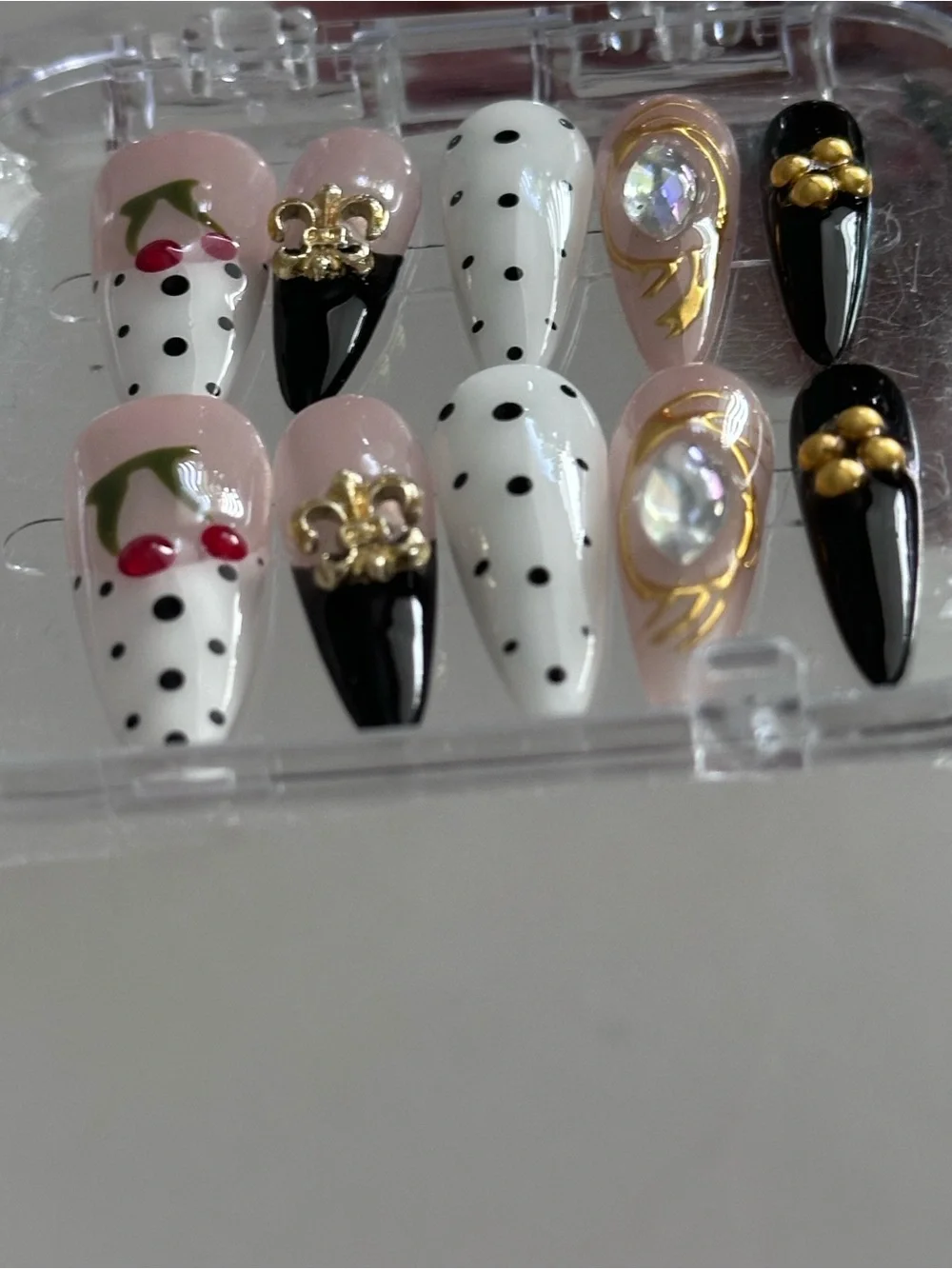 Handmade Designer-Style Press-On Nail Set - Black, White, & Gold Coquette Aesthe